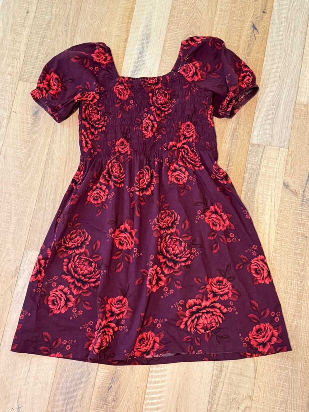 Old Navy Burgundy Dress with Red Floral Print